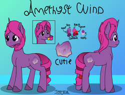 Size: 2120x1600 | Tagged: safe, artist:terminalhash, imported from derpibooru, oc, oc only, oc:amethyst wind, unicorn, fanfic:the enchanted library, cutie mark, female, gradient background, reference sheet, solo, tongue out