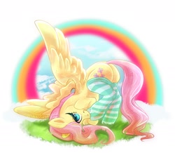Size: 2394x2090 | Tagged: safe, artist:worstwatchdog, imported from derpibooru, fluttershy, pegasus, pony, butt, clothes, cute, female, flutterbutt, grass, high res, looking at you, mare, plot, rainbow, shyabetes, signature, simple background, solo, spread wings, striped stockings, white background, wings