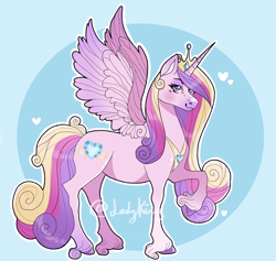 Size: 2024x1916 | Tagged: safe, artist:ladykins, imported from derpibooru, princess cadance, alicorn, pony, blue background, crown, cute, digital art, feather, female, gem, heart, horn, jewelry, looking at you, mare, peytral, purple eyes, raised hoof, regalia, signature, simple background, smiling, smiling at you, solo, spread wings, unshorn fetlocks, wings