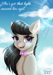 Size: 905x1280 | Tagged: safe, artist:nuumia, imported from derpibooru, octavia melody, earth pony, pony, backlighting, bowtie, chest fluff, cloud, commission, ear fluff, female, half body, iridescence, iridescent iris, looking at you, mare, open mouth, open smile, sky, sky background, smiling, smiling at you, solo, subsurface scattering, ych result