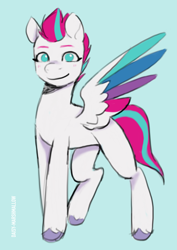 Size: 2919x4132 | Tagged: safe, artist:daisy_marshmallow, imported from derpibooru, zipp storm, pegasus, pony, blue background, colored sketch, cyan background, g5, looking at you, no pupils, simple background, sketch, solo, spread wings, wings