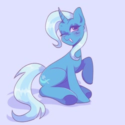 Size: 2000x2000 | Tagged: safe, artist:mothbongwater, imported from derpibooru, trixie, pony, unicorn, blue background, female, mare, one eye closed, open mouth, raised hoof, simple background, solo, underhoof, wink