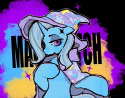 Size: 1481x1158 | Tagged: safe, artist:monicav12737823, imported from derpibooru, trixie, pony, unicorn, cape, clothes, female, hat, magic bitch, mare, queen of misfits, solo, song reference, trixie's cape, trixie's hat, vulgar, vylet pony