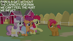 Size: 1920x1080 | Tagged: safe, edit, edited screencap, editor:quoterific, imported from derpibooru, screencap, apple bloom, babs seed, scootaloo, sweetie belle, one bad apple, cutie mark crusaders, doctor who