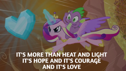 Size: 1920x1080 | Tagged: safe, edit, edited screencap, editor:quoterific, imported from derpibooru, screencap, princess cadance, spike, the crystal empire, crystal empire, crystal heart, doctor who, flying