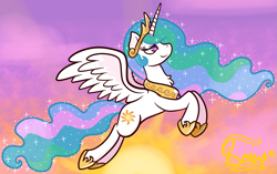 Size: 1309x820 | Tagged: safe, artist:bowsarefriends, imported from derpibooru, princess celestia, alicorn, pony, female, flying, mare, solo, spread wings, sun, wings