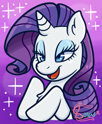 Size: 983x1200 | Tagged: safe, artist:bowsarefriends, imported from derpibooru, rarity, pony, unicorn, female, gradient background, lidded eyes, mare, open mouth, solo, sparkles