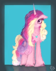 Size: 1074x1368 | Tagged: safe, artist:petaltwinkle, imported from derpibooru, princess cadance, alicorn, pony, blue background, cute, cutedance, female, fluffy, jewelry, looking at you, mare, necklace, simple background, solo, unshorn fetlocks