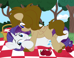 Size: 3000x2344 | Tagged: safe, artist:vi45, imported from derpibooru, rarity, oc, oc:doodles, pegasus, pony, unicorn, apple, basket, blushing, bush, canon x oc, cloud, commission, duo, female, food, grin, lesbian, lying down, mare, markings, on back, picnic, picnic basket, picnic blanket, pinned, pinned down, sky, smiling, tree, ych result