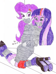 Size: 781x1024 | Tagged: safe, artist:godzilla713, imported from derpibooru, rarity, twilight sparkle, human, equestria girls, bondage, clothes, drawing, duct tape, gag, legs, mummification, mummified, shoes, simple background, tape, tape gag, white background