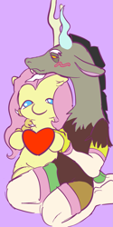 Size: 915x1826 | Tagged: safe, artist:vilesmell, imported from derpibooru, discord, fluttershy, draconequus, blushing, crossdressing, crush plush, femboy, femboy discord, fluttershy likes femboys, hug, implied discoshy, implied shipping, implied straight, male, plushie, purple background, simple background, solo