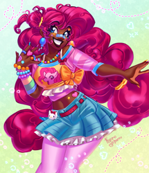 Size: 3593x4182 | Tagged: safe, artist:kyurochurro, imported from derpibooru, part of a set, pinkie pie, earth pony, human, pony, alternate hairstyle, bandaid, bandaid on nose, belly button, belt, bra, bra strap, bracelet, clothes, dark skin, ear piercing, earring, eyeshadow, female, grin, humanized, jewelry, makeup, mare, midriff, nail polish, piercing, ring, skirt, smiling, socks, solo, sticker, stockings, tanktop, tattoo, thigh highs, underwear