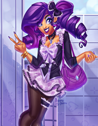 Size: 3185x4095 | Tagged: safe, artist:kyurochurro, imported from derpibooru, part of a set, rarity, human, alternate hairstyle, bag, bow, bracelet, choker, clothes, dark skin, ear piercing, earring, eyeshadow, female, grin, hair bow, humanized, jewelry, lipstick, makeup, nail polish, necklace, peace sign, piercing, skirt, smiling, socks, solo, stockings, suit, tan skin, thigh highs