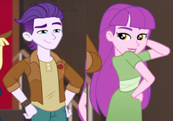Size: 1506x1050 | Tagged: safe, edit, edited screencap, imported from derpibooru, screencap, dirk thistleweed, violet wisteria, equestria girls, equestria girls series, how to backstage, spoiler:eqg series (season 2), arm behind head, crack shipping, cropped, female, hand on hip, looking at you, male, shipping, shipping domino, straight, thisteria