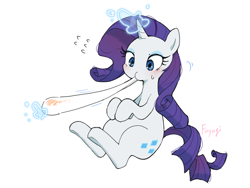 Size: 3200x2400 | Tagged: safe, artist:fuyugi, imported from derpibooru, rarity, pony, unicorn, blushing, cute, eating, food, glow, glowing horn, horn, magic, magic aura, mochi, raribetes, simple background, solo, spoon, sweat, sweatdrops, telekinesis, white background