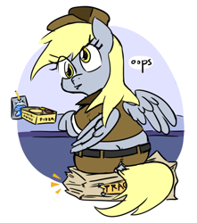 Size: 666x754 | Tagged: safe, artist:jargon scott, imported from derpibooru, derpy hooves, pegasus, pony, bubble butt, butt, butt crack, caprisun, female, fragile, looking back, lunchables, mailmare, mailmare uniform, mare, oops, package, plot, simple background, sitting, solo, white background