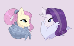 Size: 1280x798 | Tagged: safe, artist:deadgirliee, imported from derpibooru, fluttershy, rarity, pegasus, pony, unicorn, alternate hairstyle, bust, duo, female, fur collar, gray background, looking at each other, looking at someone, mare, older, older fluttershy, older rarity, shawl, simple background