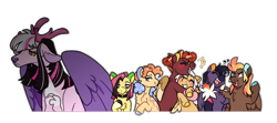 Size: 2598x1155 | Tagged: safe, artist:queerhorses, imported from derpibooru, oc, oc only, oc:butterscotch, oc:cherry-changa cheese, oc:dappled amber, oc:hawkeye, oc:nutter-butter pie, oc:owlet, oc:sparkler, draconequus, earth pony, hybrid, pegasus, pony, chest fluff, choker, draconequus oc, emanata, eyes closed, female, grin, hug, interspecies offspring, magical lesbian spawn, male, mare, offspring, open mouth, open smile, outline, parent:applejack, parent:bulk biceps, parent:cheese sandwich, parent:discord, parent:dumbbell, parent:fluttershy, parent:pinkie pie, parent:princess skystar, parent:rainbow dash, parent:rarity, parent:twilight sparkle, parents:cheesepie, parents:discolight, parents:dumbdash, parents:flutterbulk, parents:rarijack, simple background, smiling, stallion, transparent background, twitterina design, white outline