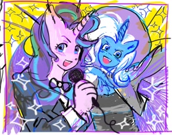 Size: 1851x1459 | Tagged: safe, artist:f1sh1es, imported from derpibooru, starlight glimmer, trixie, anthro, unicorn, blushing, bowtie, bust, cape, clothes, duo, open mouth, smiling, suit