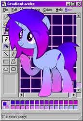 Size: 2751x4000 | Tagged: safe, artist:blacksmile, artist:equestrian_pony, imported from derpibooru, oc, oc only, oc:gradient, pony, unicorn, gradient, gradient hooves, gradient mane, gradient tail, microsoft, microsoft windows, ms paint, neon, retrowave, solo, tail, webcore, windows 98