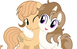 Size: 1118x714 | Tagged: artist needed, safe, imported from derpibooru, oc, oc only, oc:calamityy, oc:fluffymarsh, pegasus, unicorn, brown mane, cute, female, food, friends, horn, hug, mare, marshmallow, pegasus oc, purple eyes, show accurate, simple background, unicorn oc, white background