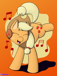 Size: 1500x1995 | Tagged: safe, artist:passionpanther, imported from derpibooru, applejack, earth pony, pony, series:ponies with headphones, cute, dancing, eyes closed, headphones, jackabetes, music notes, open mouth, open smile, orange background, simple background, smiling, solo