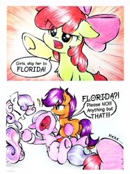 Size: 1884x2513 | Tagged: safe, artist:liaaqila, imported from derpibooru, apple bloom, diamond tiara, scootaloo, sweetie belle, earth pony, pegasus, pony, unicorn, 2 panel comic, banishment, butt, comic, commission, cruel and unusual punishment, cutie mark crusaders, dialogue, eye clipping through hair, eyes closed, fate worse than death, female, filly, florida, horn, parody, plot, screaming, speech bubble, the kentucky fried movie, traditional art, wingless