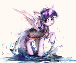 Size: 2272x1903 | Tagged: safe, artist:xyq, artist:xyq_nb, imported from derpibooru, twilight sparkle, alicorn, pony, cloak, clothes, female, glowing, glowing horn, horn, looking at you, mare, raised hoof, simple background, solo, spread wings, twilight sparkle (alicorn), white background, wings