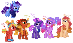 Size: 2768x1630 | Tagged: safe, artist:fizzmitz, imported from derpibooru, oc, oc only, oc:cottage cheesecake, oc:noble luminary, oc:streamline, oc:sugar surge, oc:sugarbee sprint, oc:summer blossom, earth pony, pegasus, pony, unicorn, bandaid, bandaid on nose, base used, clothes, female, flower, flower in hair, freckles, headband, mare, necktie, offspring, parent:applejack, parent:big macintosh, parent:cheese sandwich, parent:fancypants, parent:flash sentry, parent:fluttershy, parent:pinkie pie, parent:rainbow dash, parent:rarity, parent:soarin', parent:trouble shoes, parent:twilight sparkle, parents:cheesejack, parents:pinkiesentry, parents:rainbowmac, parents:soarity, parents:troubleshy, parents:twipants, poncho, simple background, sweatband, sweater, transparent background