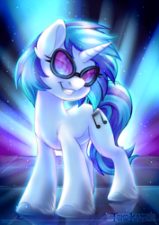 Size: 2480x3507 | Tagged: safe, artist:tokokami, imported from derpibooru, dj pon-3, vinyl scratch, pony, unicorn, female, glasses, grin, high res, lidded eyes, looking at you, mare, smiling, solo, stage, unshorn fetlocks