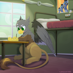Size: 2000x2000 | Tagged: safe, artist:willoillo, imported from derpibooru, oc, oc only, griffon, bed, commission, pencil, propeller, solo, tongue out, window
