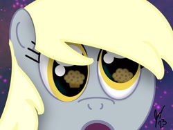 Size: 2160x1620 | Tagged: safe, artist:jesslmc16, imported from derpibooru, derpy hooves, pegasus, pony, big eyes, bust, derp, ears, eye reflection, eyes on the prize, female, food, gray coat, mare, muffin, open mouth, portrait, reflection, signature, solo, starry night