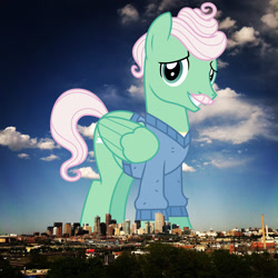 Size: 1600x1600 | Tagged: safe, artist:cheezedoodle96, edit, editor:jaredking779, imported from derpibooru, gentle breeze, pegasus, pony, clothes, colorado, denver, facial hair, folded wings, giant pony, grin, highrise ponies, irl, looking at you, macro, male, moustache, photo, ponies in real life, smiling, solo, stallion, sweater, wings