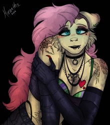 Size: 883x1005 | Tagged: safe, artist:tondrawfreeze, imported from derpibooru, fluttershy, anthro, black background, black eyeshadow, black lipstick, blushing, bra, breasts, busty fluttershy, cheek fluff, choker, cleavage, clothes, cross, cross necklace, ear piercing, earring, eyeshadow, female, gloves, jewelry, lipstick, long gloves, looking at you, makeup, mare, necklace, piercing, simple background, solo, tattoo, underwear
