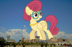 Size: 2048x1362 | Tagged: safe, artist:outlawquadrant, edit, editor:jaredking779, imported from derpibooru, posey shy, pegasus, pony, ear piercing, earring, female, folded wings, giant pegasus, giant pony, giantess, glasses, grin, highrise ponies, irl, jewelry, kansas, macro, mare, mega giant, necklace, nervous, nervous grin, pearl necklace, photo, piercing, ponies in real life, smiling, solo, wichita, wings