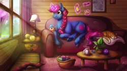 Size: 3840x2160 | Tagged: safe, artist:lupiarts, imported from derpibooru, oc, oc only, oc:woodiewool, armadillo, cat, pony, unicorn, braid, comforting, comfy, commission, couch, crochet, cup, curtains, digital art, female, food, glowing, glowing horn, horn, house, lamp, levitation, magic, mare, rain, solo, tea, teacup, telekinesis, unicorn oc, unshorn fetlocks, video, window, yarn, yarn ball