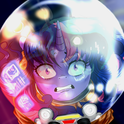 Size: 1080x1080 | Tagged: safe, artist:gloomydinosaur, imported from derpibooru, queen chrysalis, twilight sparkle, changeling, changeling queen, pony, astronaut, fangs, glowing, glowing eyes, looking at you, reflection, scared, space, spacesuit