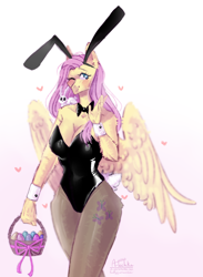 Size: 3468x4742 | Tagged: safe, artist:artem66633, imported from derpibooru, angel bunny, fluttershy, anthro, pegasus, rabbit, absurd resolution, animal, basket, blushing, bowtie, breasts, bunny suit, bunnyshy, busty fluttershy, cleavage, clothes, easter, easter basket, easter egg, female, floating heart, gradient background, heart, heart eyes, holiday, looking at you, mare, one eye closed, shoulder ride, smiling, smiling at you, waving, waving at you, wide hips, wingding eyes