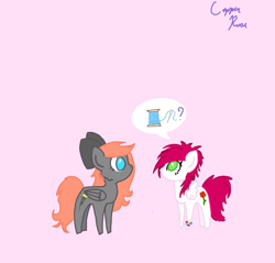 Size: 820x785 | Tagged: safe, artist:copper rose, imported from derpibooru, oc, oc only, oc:copper rose, oc:darknightprincess, oc:scarlet moonlight, pegasus, pony, chibi, cute, female, friends, mare, pegasus oc, pink background, red mane, sewing needle, simple background, smol, thread