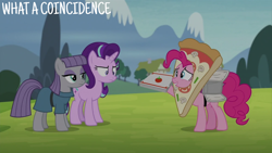 Size: 2000x1125 | Tagged: safe, edit, edited screencap, editor:quoterific, imported from derpibooru, screencap, maud pie, pinkie pie, starlight glimmer, rock solid friendship, food, pizza