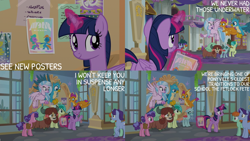 Size: 2000x1125 | Tagged: safe, edit, edited screencap, editor:quoterific, imported from derpibooru, screencap, berry blend, berry bliss, gallus, november rain, ocellus, peppermint goldylinks, sandbar, silverstream, smolder, twilight sparkle, yona, alicorn, pony, she's all yak, friendship student, magic, school of friendship, student six, telekinesis, twilight sparkle (alicorn)