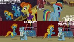 Size: 2000x1125 | Tagged: safe, edit, edited screencap, editor:quoterific, imported from derpibooru, screencap, rainbow dash, rarity, soarin', spitfire, stormy flare, wind rider, pegasus, pony, rarity investigates, clothes, uniform, wonderbolts uniform