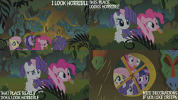 Size: 2000x1125 | Tagged: safe, edit, edited screencap, editor:quoterific, imported from derpibooru, screencap, fluttershy, pinkie pie, rarity, twilight sparkle, earth pony, pegasus, pony, unicorn, bridle gossip, everfree forest, flutterguy, hairity, spitty pie, tongue out, twilight flopple, unicorn twilight, zecora's hut
