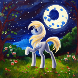 Size: 2560x2560 | Tagged: safe, editor:felisamafeles, imported from derpibooru, derpy hooves, pegasus, pony, ai content, ai generated, butt, flower, moon, moonlight, night, plot, solo, stars, tree