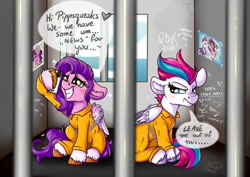 Size: 1023x724 | Tagged: safe, artist:julunis14, imported from derpibooru, pipp petals, zipp storm, pegasus, pony, chains, clothes, dialogue, female, g5, jail, jail cell, jumpsuit, mare, never doubt rainbowdash69's involvement, prison, prison outfit, royal sisters (g5), siblings, sisters, speech bubble