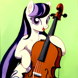 Size: 2048x2048 | Tagged: safe, editor:felisamafeles, imported from derpibooru, octavia melody, earth pony, acrylic painting, ai content, ai generated, bipedal, cello, generator:stable diffusion, gradient background, musical instrument, solo