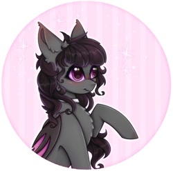 Size: 736x730 | Tagged: safe, artist:saltyvity, imported from derpibooru, oc, bat pony, pony, bat pony oc, bat wings, big eyes, black hair, blushing, choker, cute, ear fluff, embarrassed, fluffy, pink background, pink eyes, simple background, solo, sparkles, wings