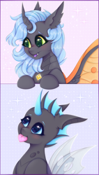 Size: 1700x3000 | Tagged: safe, artist:saltyvity, imported from derpibooru, oc, changeling, pony, big eyes, blue background, blue eyes, blue hair, blushing, changeling oc, cute, cuteling, ear fluff, embarrassed, february, gray, green eyes, happy, heart, horn, licking, licking lips, love, lovely, orange wings, pink background, simple background, smiley face, sparkles, tongue out, wings