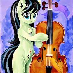 Size: 2048x2048 | Tagged: safe, editor:felisamafeles, imported from derpibooru, octavia melody, pony, ai content, ai generated, bipedal, cello, fluffy, fur, generator:stable diffusion, musical instrument, nudity, solo