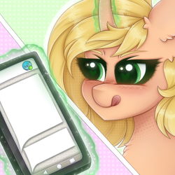 Size: 2000x2000 | Tagged: safe, artist:saltyvity, imported from derpibooru, oc, pony, unicorn, alternative, blonde hair, blushing, cute, ear fluff, embarrassed, fluffy, glowing, glowing horn, green background, green eyes, heart, heart eyes, horn, licking, licking lips, magic, meme, meme template, message, messenger, orange pony, phone, pink background, simple background, smiling, smirk, solo, sparkles, telekinesis, template, tongue out, unicorn oc, wingding eyes